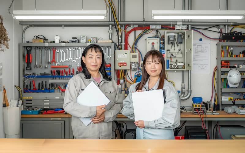 作業場で仕様を確認する作業員(形式名の読み解き)
