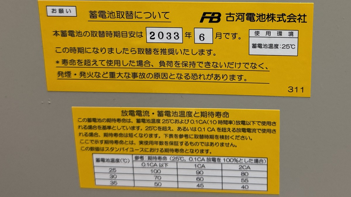 蓄電池取替について(取替時期目安)と放電電流・温度別の期待寿命のラベル