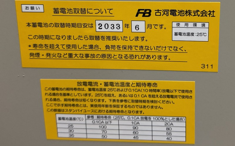 蓄電池取替について(取替時期目安)と放電電流・温度別の期待寿命のラベル